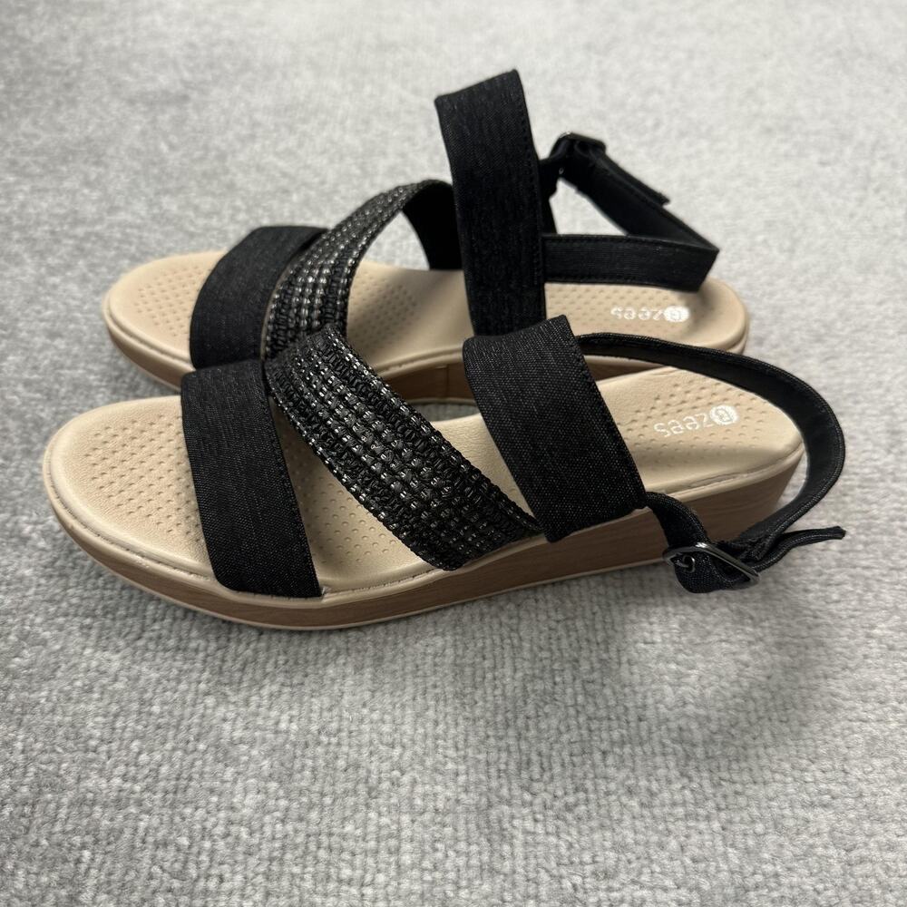 Bzees Sandals Womens Size 9W Black Bravo Strappy Wedge Platform Comfort Elastic